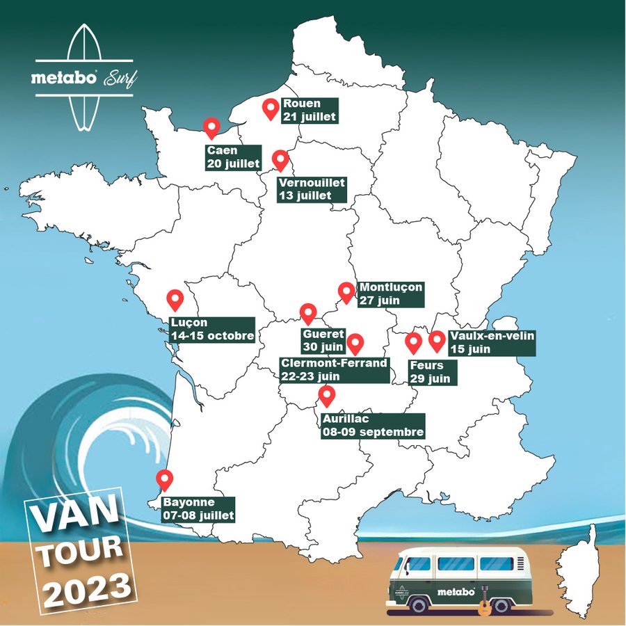 Carte des étapes du Van Tour Metabo Surf 2023
